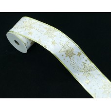 2.5 Inch Wired Christmas Ribbon with Gold Metallic Stars on White Satin, 2-1/2 In. X 10 Yds (Lot of 1 Spool) SALE ITEM